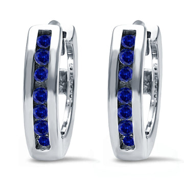 Half Eternity Hoop Earrings Round Simulated Blue Sapphire CZ 925 Sterling Silver (11mm)